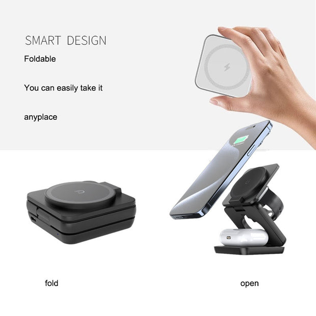 3-in-1 Foldable Magnetic Wireless Charger – 15W MagSafe Dock | Zaplet