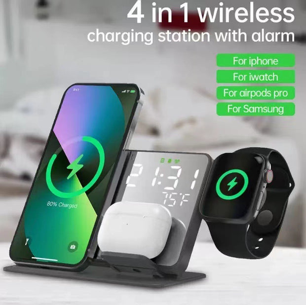 4-in-1 Wireless Charging Station – 15W Fast Charger with LED Clock | Zaplet