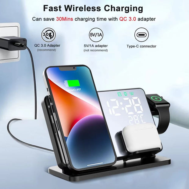 4-in-1 Wireless Charging Station – 15W Fast Charger with LED Clock | Zaplet