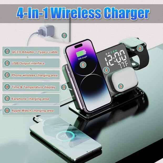4-in-1 Wireless Charging Station – 15W Fast Charger with LED Clock | Zaplet